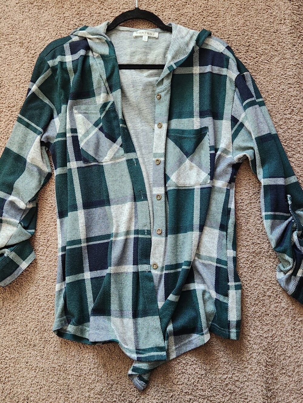 KONTROL Green Plaid Hooded Button Down Shirt Front Tie